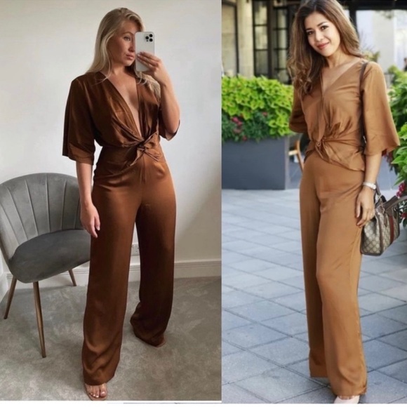 Zara Brown Satin Effect Twisted Effect Plunging Neckline Jumpsuit Size X… - Picture 2 of 16